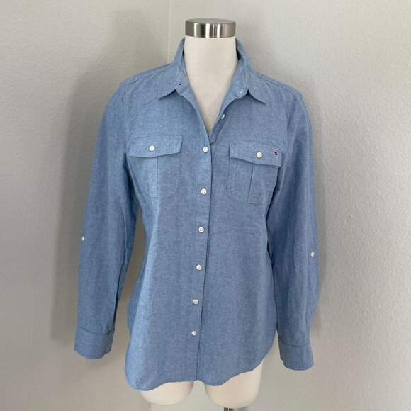 Tommy Hilfiger Womens Medium Light Blue Cotton Button Up Shirt Roll Tab Sleeve - Picture 1 of 9